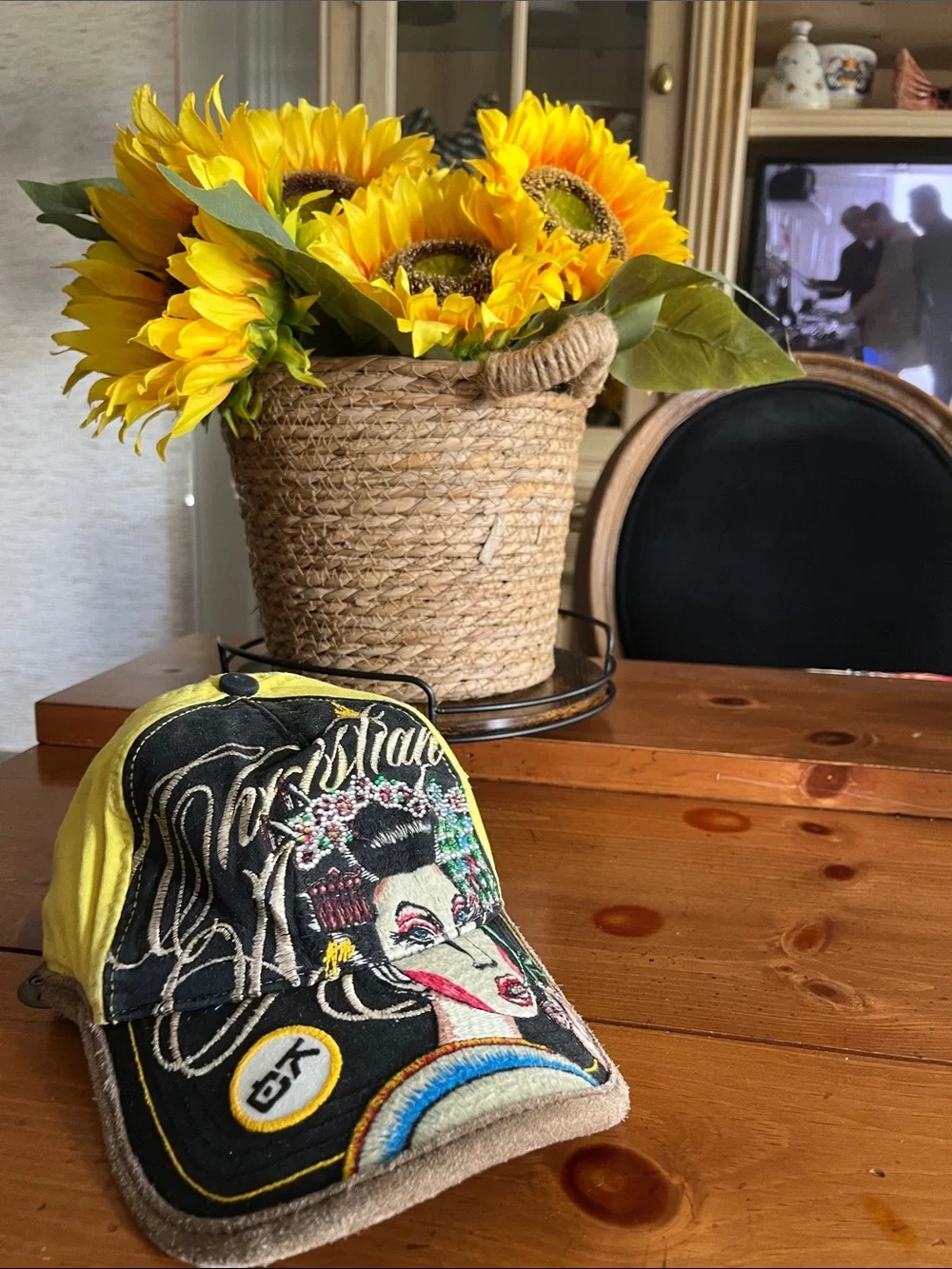 Christian Audigier Yellow and Black Embroidered Graphic Baseball Cap
